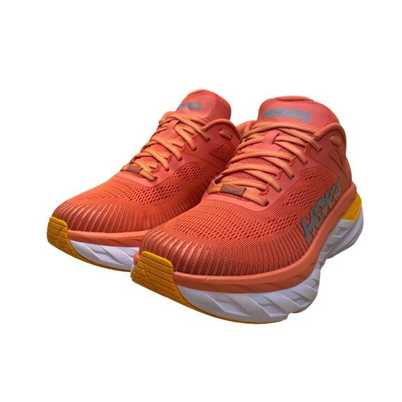 Hoka Women’s Coral & Yellow Mesh Bondi 7 Cushioned Running Shoes Trainers Size 9 - Picture 3 of 8